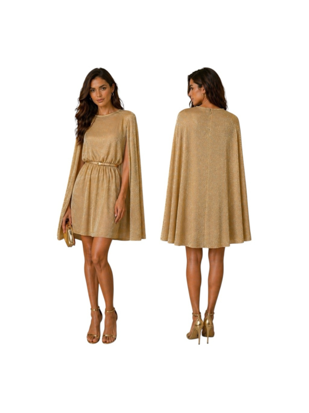 Calvin Klein Gold Cape Sleeve Dress Size 8 Metallic Belted Cocktail Party